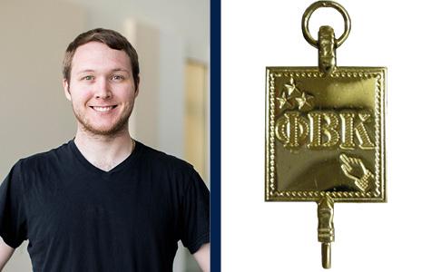 Graphic showing a photo of PhD student Nick Stevers next to a photo of the Phi Beta Kappa key logo